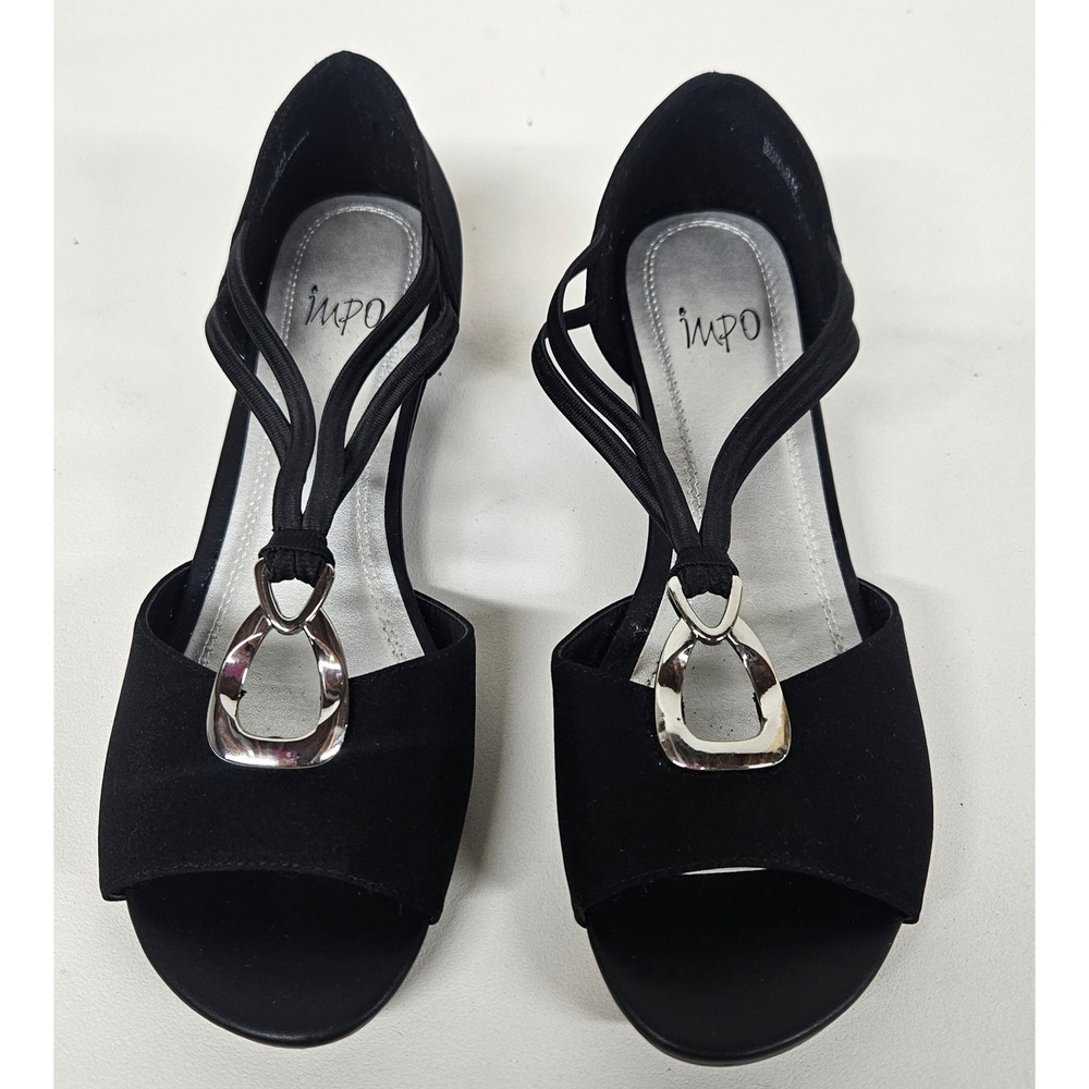 Impo Raydeen Black Textile Wedge Sandals Silver Hardware Accent Size 9M
